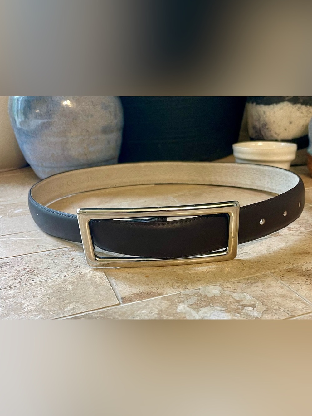 Vintage Christian Dior Waist Belt Dark Brown Oversized Silver Tone Buckle